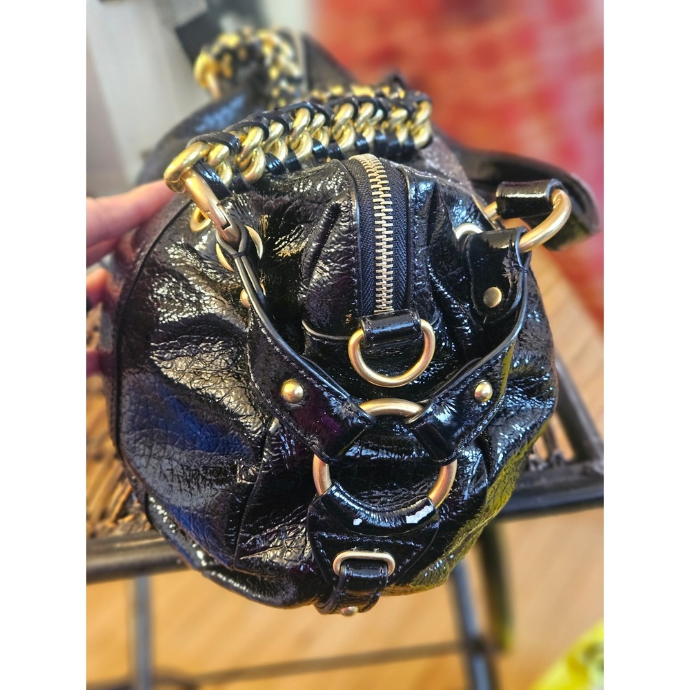 Michael Kors Fulton Black Crinkled Patent Leather Hobo Bag Gold Chain Strap - Picture 8 of 11